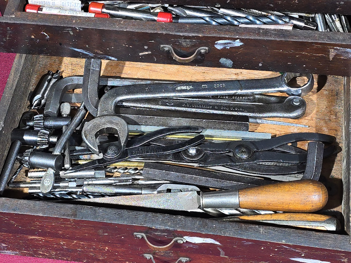 Vintage Wooden Machinist's Tool Chest with Contents including Taps, Drill Bits, Files, Wrenches, and End Mills