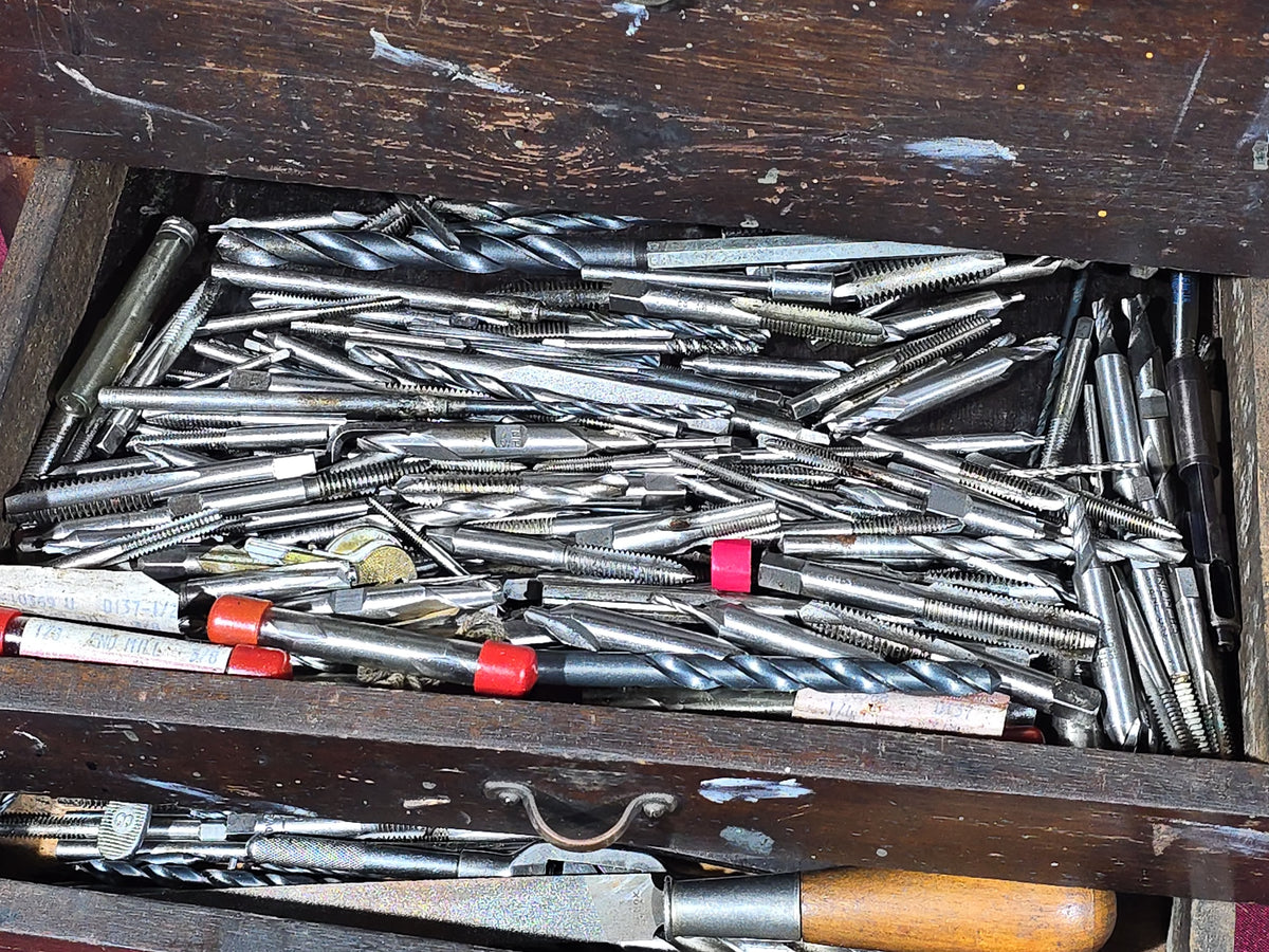 Vintage Wooden Machinist's Tool Chest with Contents including Taps, Drill Bits, Files, Wrenches, and End Mills