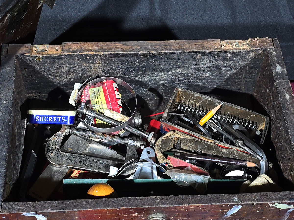 Vintage Wooden Machinist's Tool Chest with Contents including Taps, Drill Bits, Files, Wrenches, and End Mills