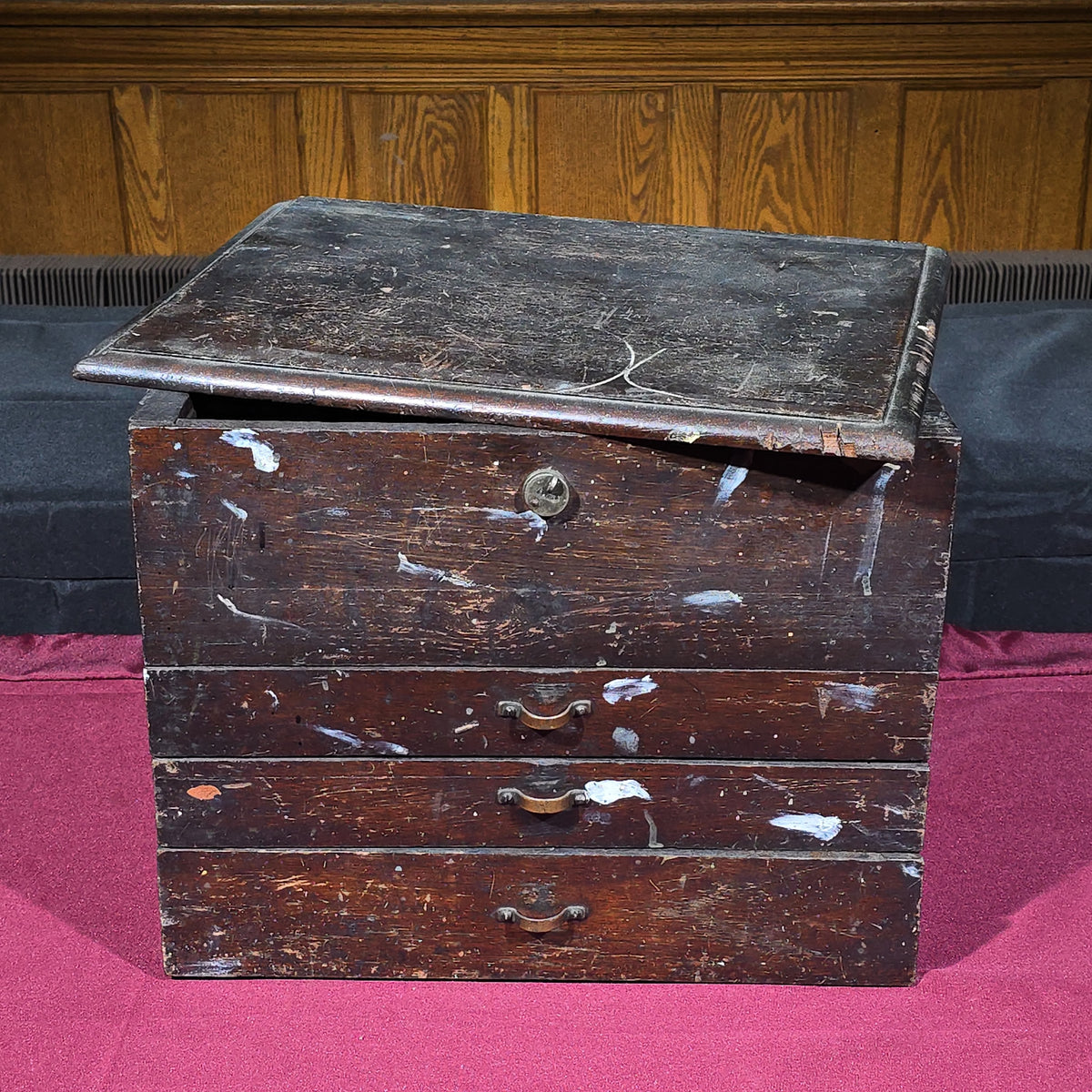 Vintage Wooden Machinist's Tool Chest with Contents including Taps, Drill Bits, Files, Wrenches, and End Mills