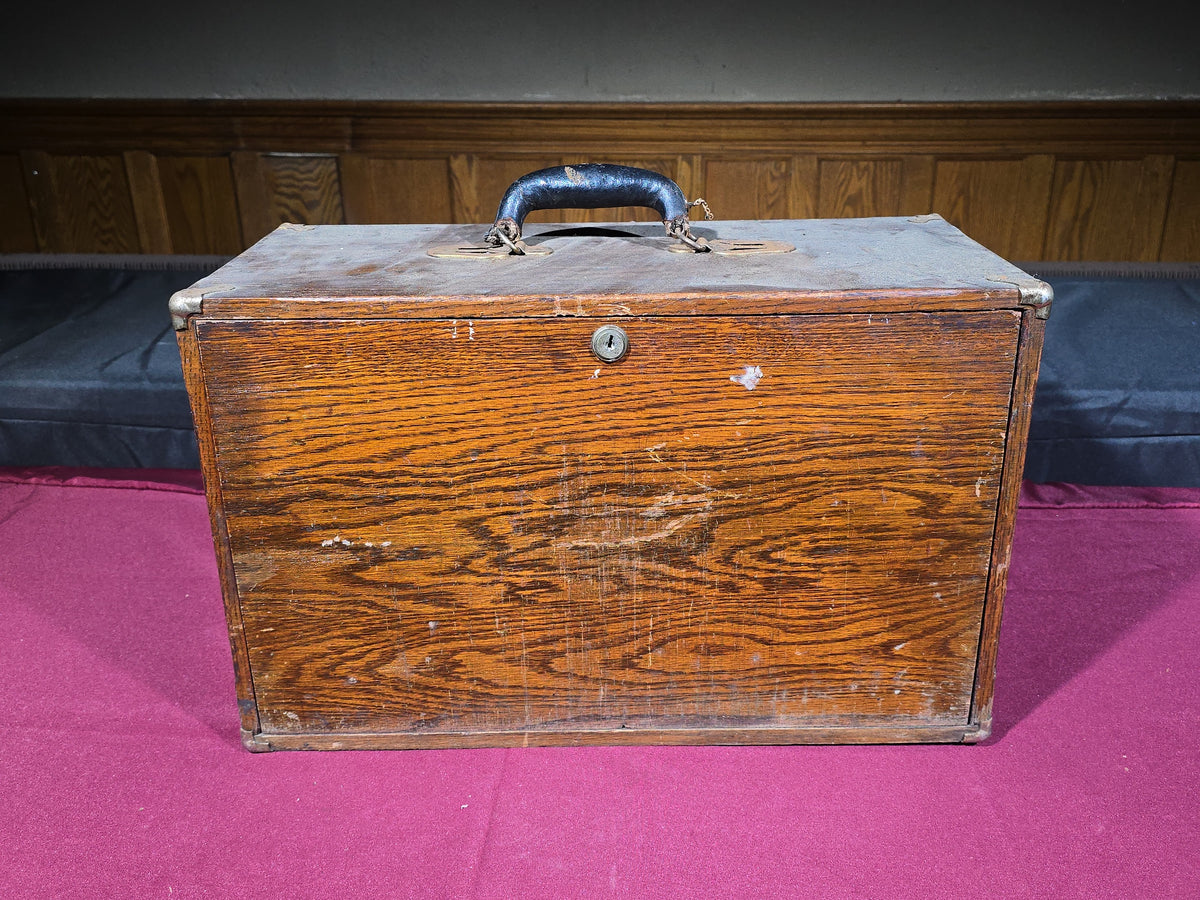 Antique Oak Tool Box with Leather Handle and Lock, Includes Unknown Contents