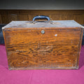 Lot 094 - Antique Oak Tool Box with Leather Handle and Lock, Includes Unknown Contents, 20-1/4" L x 12-3/4" H