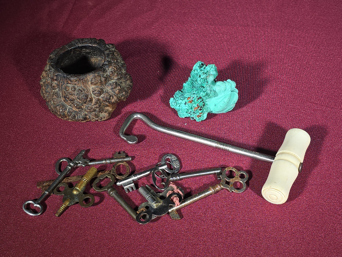 Grouping of Antique and Vintage Smalls including Malachite Specimen, Burl Wood Bowl, Boot Pull, and Skeleton Keys