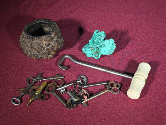 Grouping of Antique and Vintage Smalls including Malachite Specimen, Burl Wood Bowl, Boot Pull, and Skeleton Keys