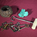 Lot 108 - Grouping of Antique and Vintage Smalls Including Malachite Specimen, Burl Wood Bowl, Boot Pull, and Skeleton Keys
