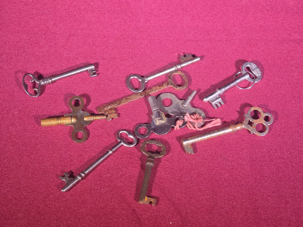 Grouping of Antique and Vintage Smalls including Malachite Specimen, Burl Wood Bowl, Boot Pull, and Skeleton Keys