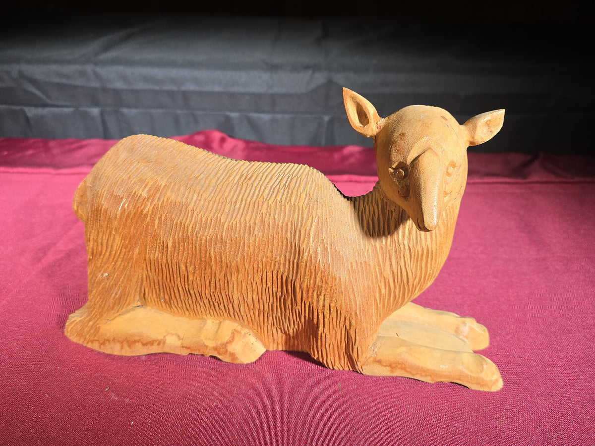 Pair of Vintage Carved Wood Animal Figures including a Reclining Lamb and a Cow Head Bust