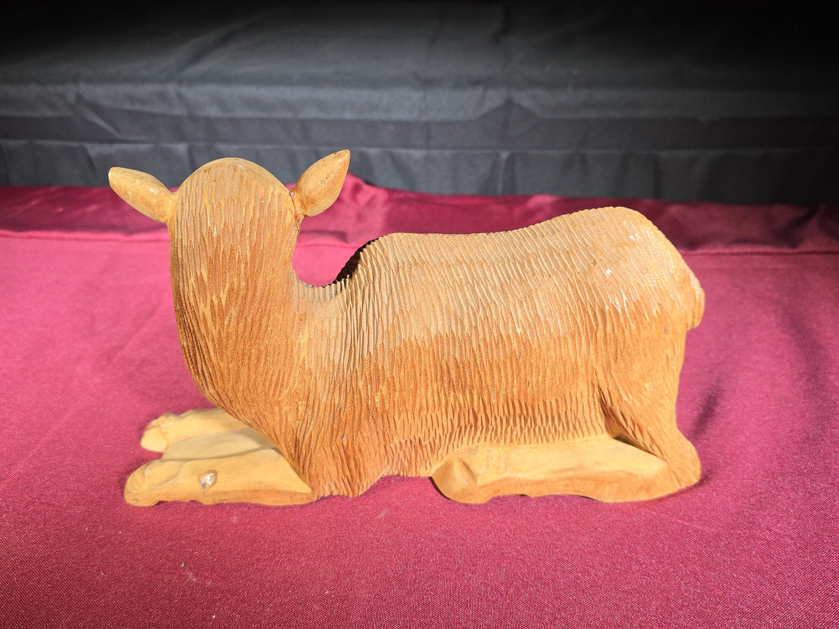 Pair of Vintage Carved Wood Animal Figures including a Reclining Lamb and a Cow Head Bust