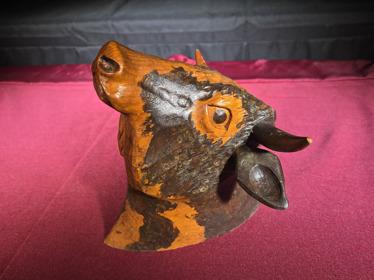 Pair of Vintage Carved Wood Animal Figures including a Reclining Lamb and a Cow Head Bust