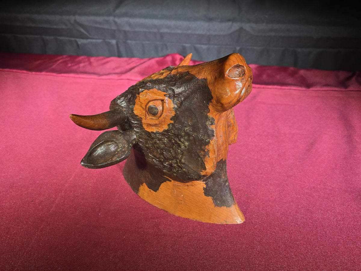 Pair of Vintage Carved Wood Animal Figures including a Reclining Lamb and a Cow Head Bust
