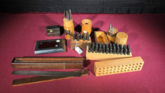 Grouping of Vintage and Antique Machinist Tools including Steel Letter and Number Stamp Sets, Pin Punches, Shrink Rule, and Precision Square