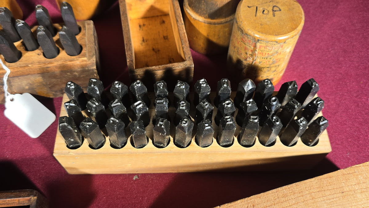 Grouping of Vintage and Antique Machinist Tools including Steel Letter and Number Stamp Sets, Pin Punches, Shrink Rule, and Precision Square
