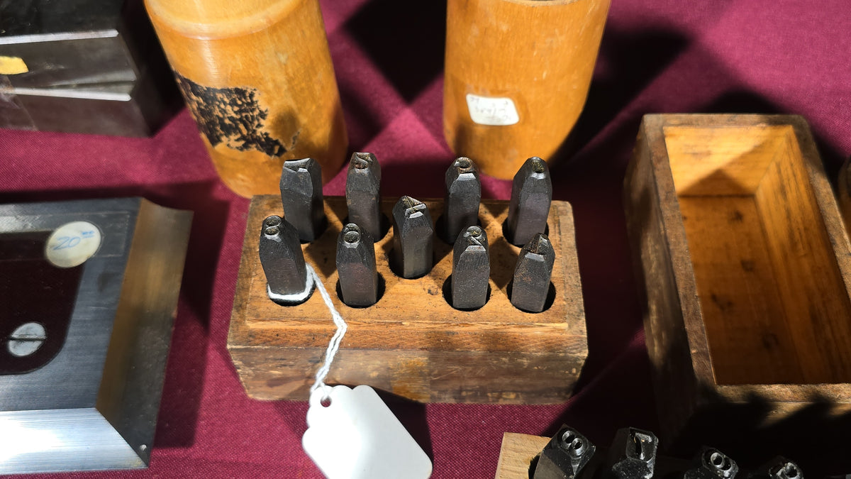 Grouping of Vintage and Antique Machinist Tools including Steel Letter and Number Stamp Sets, Pin Punches, Shrink Rule, and Precision Square