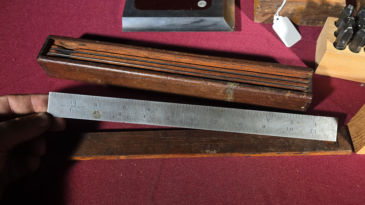 Grouping of Vintage and Antique Machinist Tools including Steel Letter and Number Stamp Sets, Pin Punches, Shrink Rule, and Precision Square