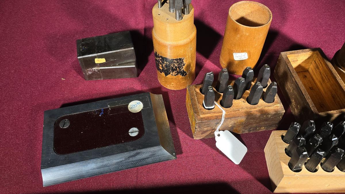 Grouping of Vintage and Antique Machinist Tools including Steel Letter and Number Stamp Sets, Pin Punches, Shrink Rule, and Precision Square