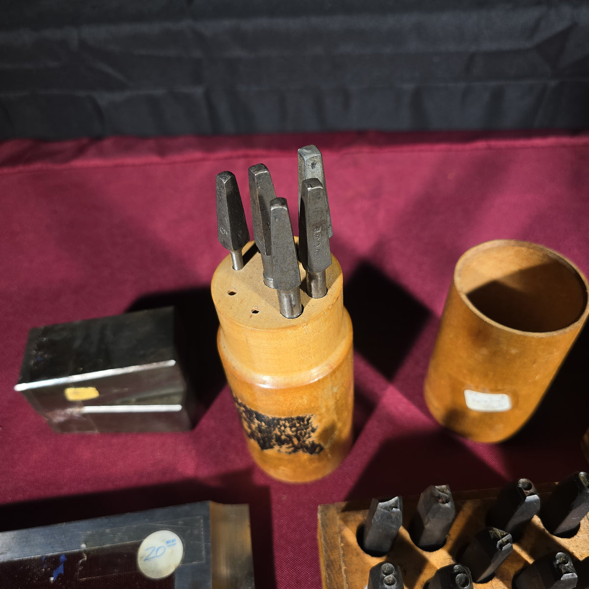 Grouping of Vintage and Antique Machinist Tools including Steel Letter and Number Stamp Sets, Pin Punches, Shrink Rule, and Precision Square