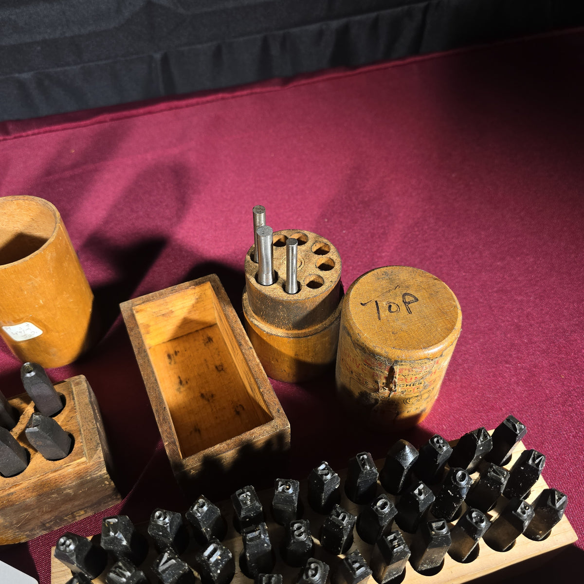 Grouping of Vintage and Antique Machinist Tools including Steel Letter and Number Stamp Sets, Pin Punches, Shrink Rule, and Precision Square