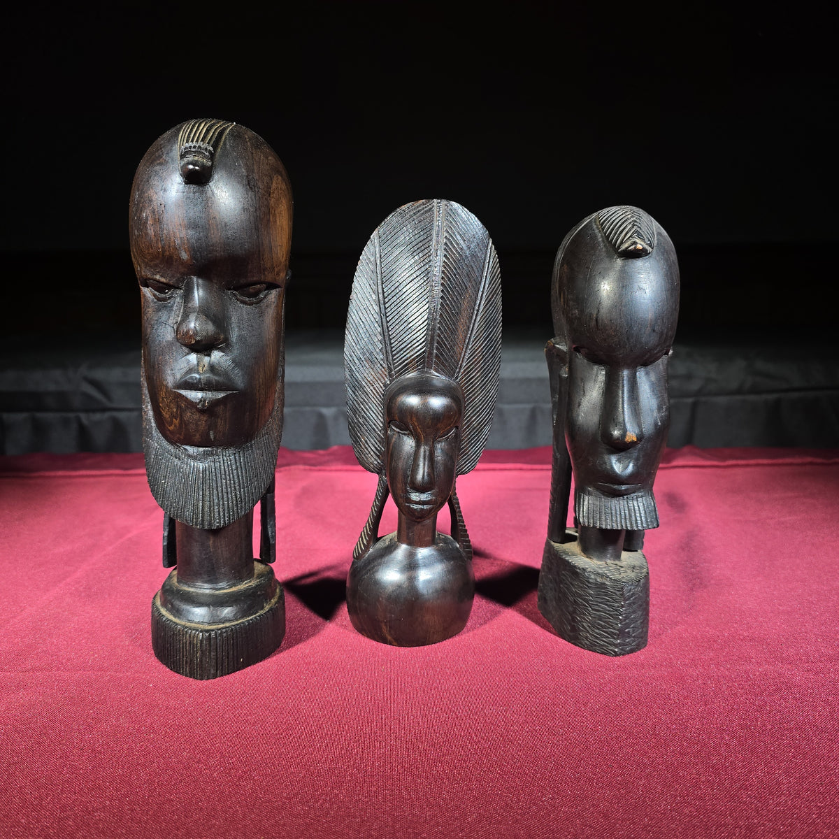 Trio of Vintage African Carved Wood Bust Sculptures