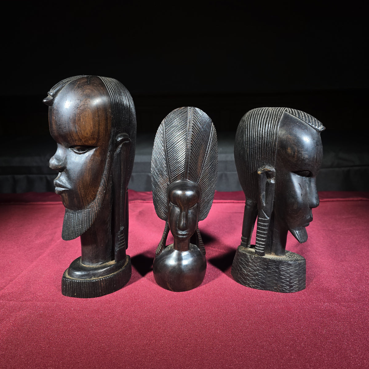 Trio of Vintage African Carved Wood Bust Sculptures