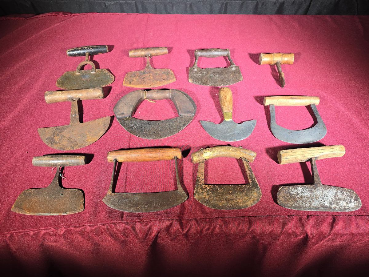 Grouping of 12 Antique Food Choppers and Herb Cutters with Wood Handles
