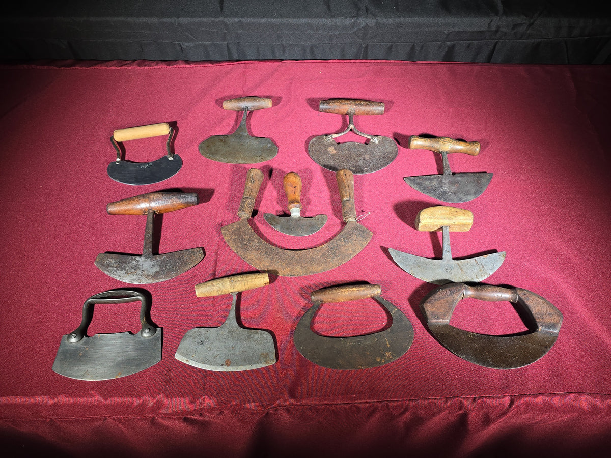 Grouping of 12 Antique and Vintage Food Choppers with Wood and Metal Handles