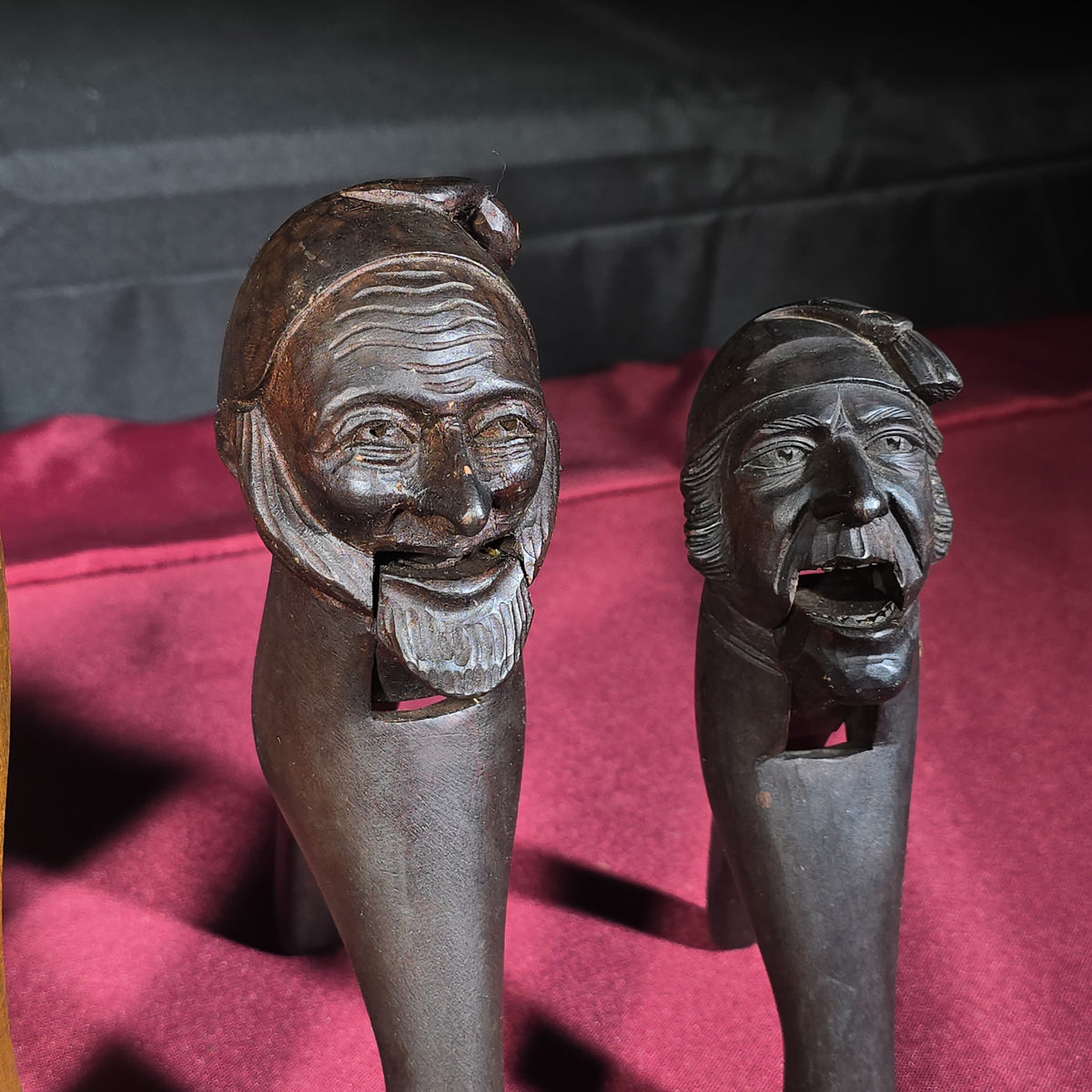 Grouping of Five Antique Carved Wood Items including Four Figural Nutcrackers and an Acorn-Form Cup