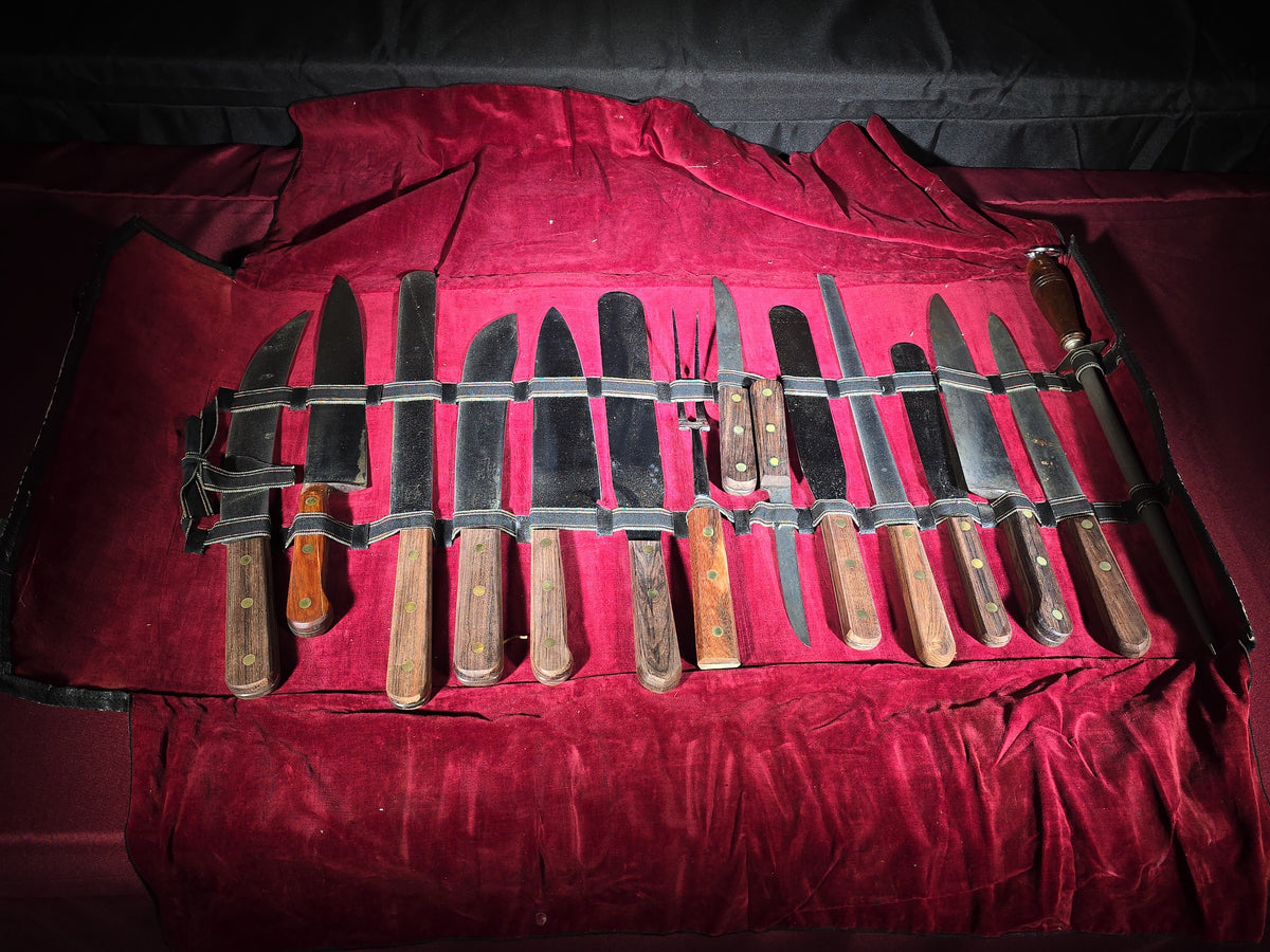 Vintage A.B.C. Professional Chrome Tool Steel Kitchen Knife Set in Leather Roll