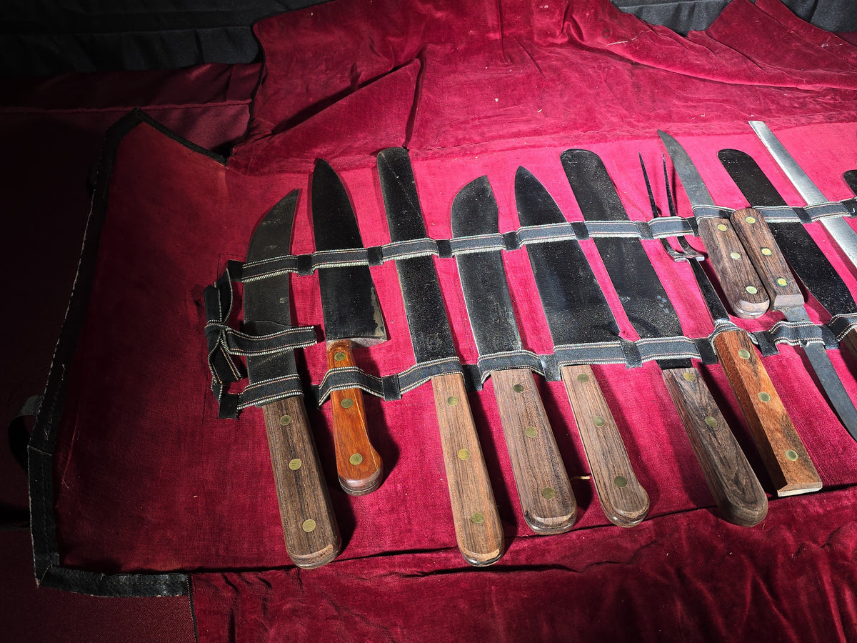 Vintage A.B.C. Professional Chrome Tool Steel Kitchen Knife Set in Leather Roll