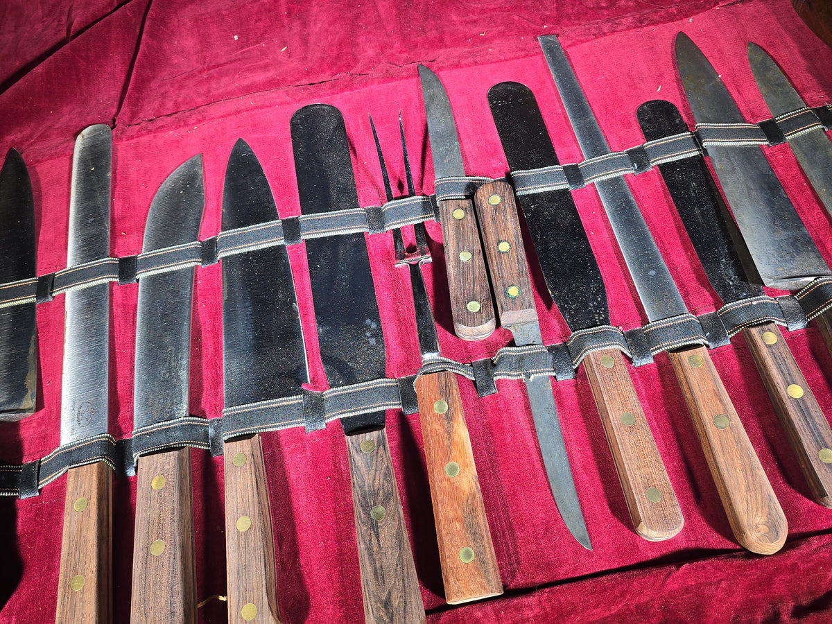 Vintage A.B.C. Professional Chrome Tool Steel Kitchen Knife Set in Leather Roll