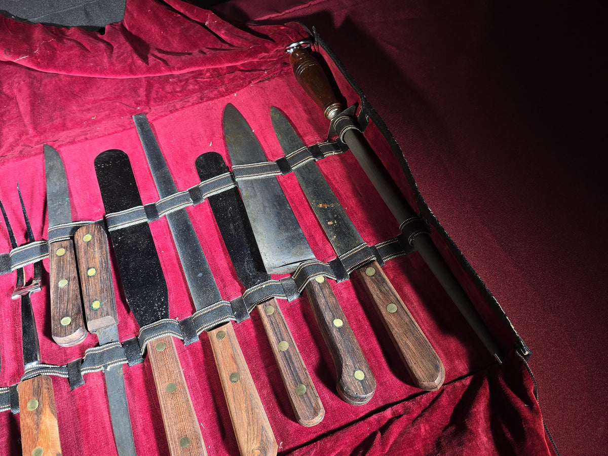 Vintage A.B.C. Professional Chrome Tool Steel Kitchen Knife Set in Leather Roll