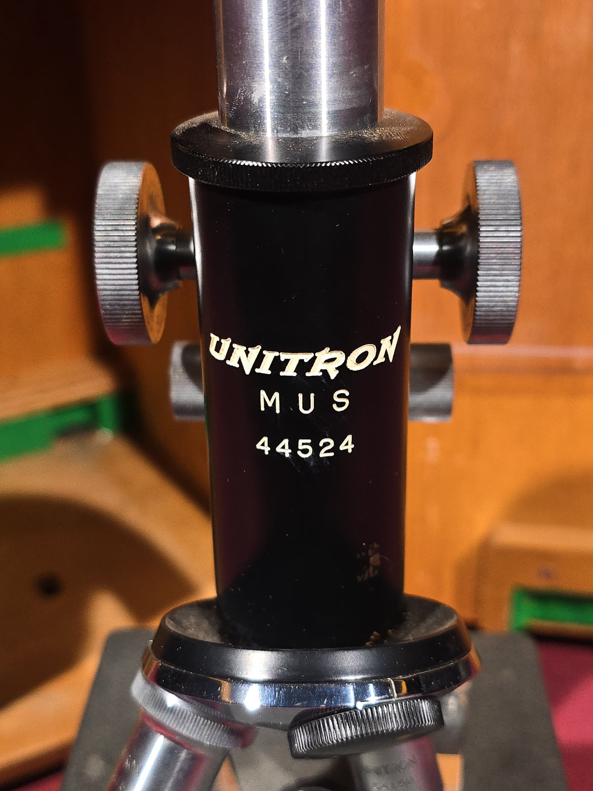 Vintage Unitron MUS Monocular Microscope No. 44524 in Wooden Carrying Case