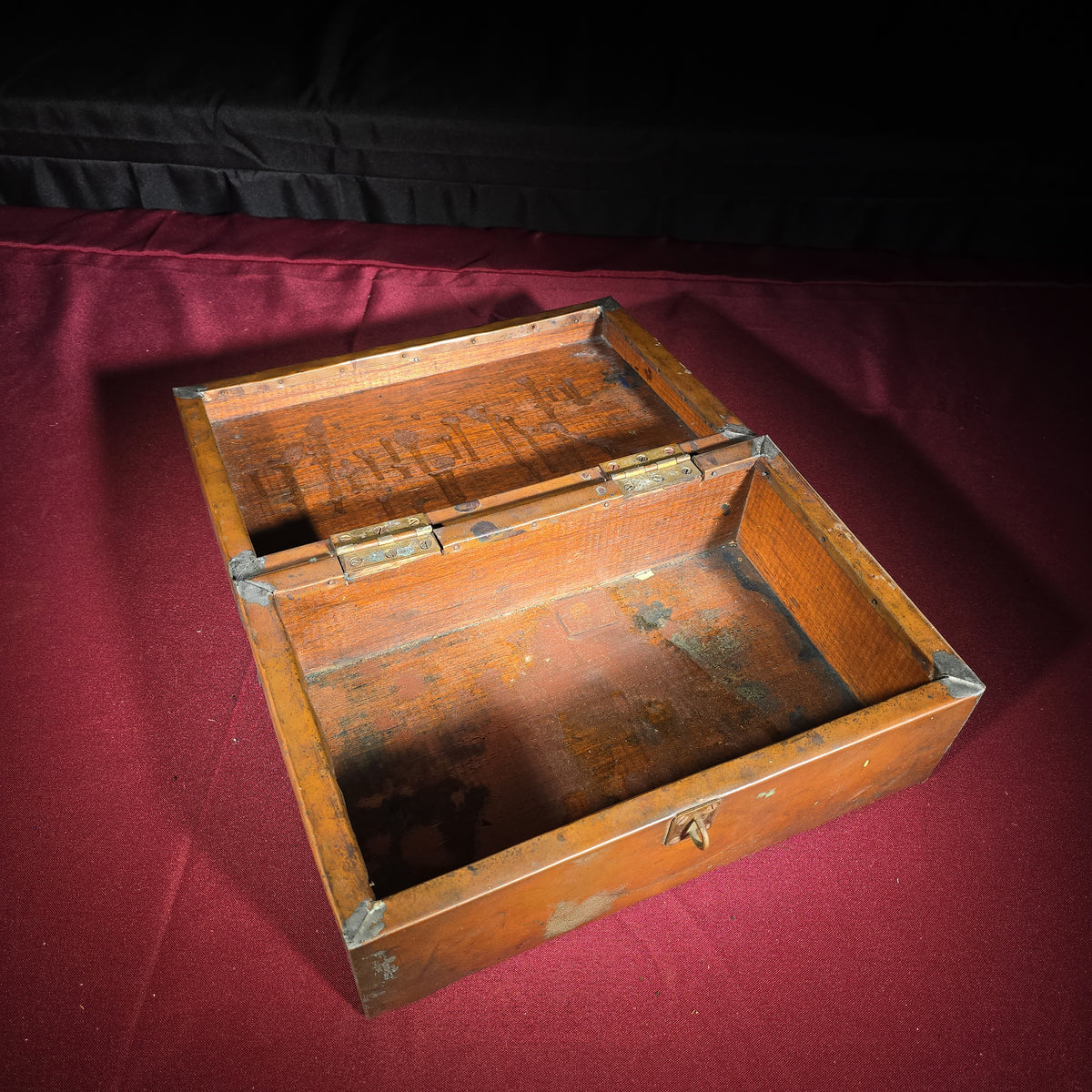 Antique Copper-Clad Wooden Strong Box with Hasp Closure