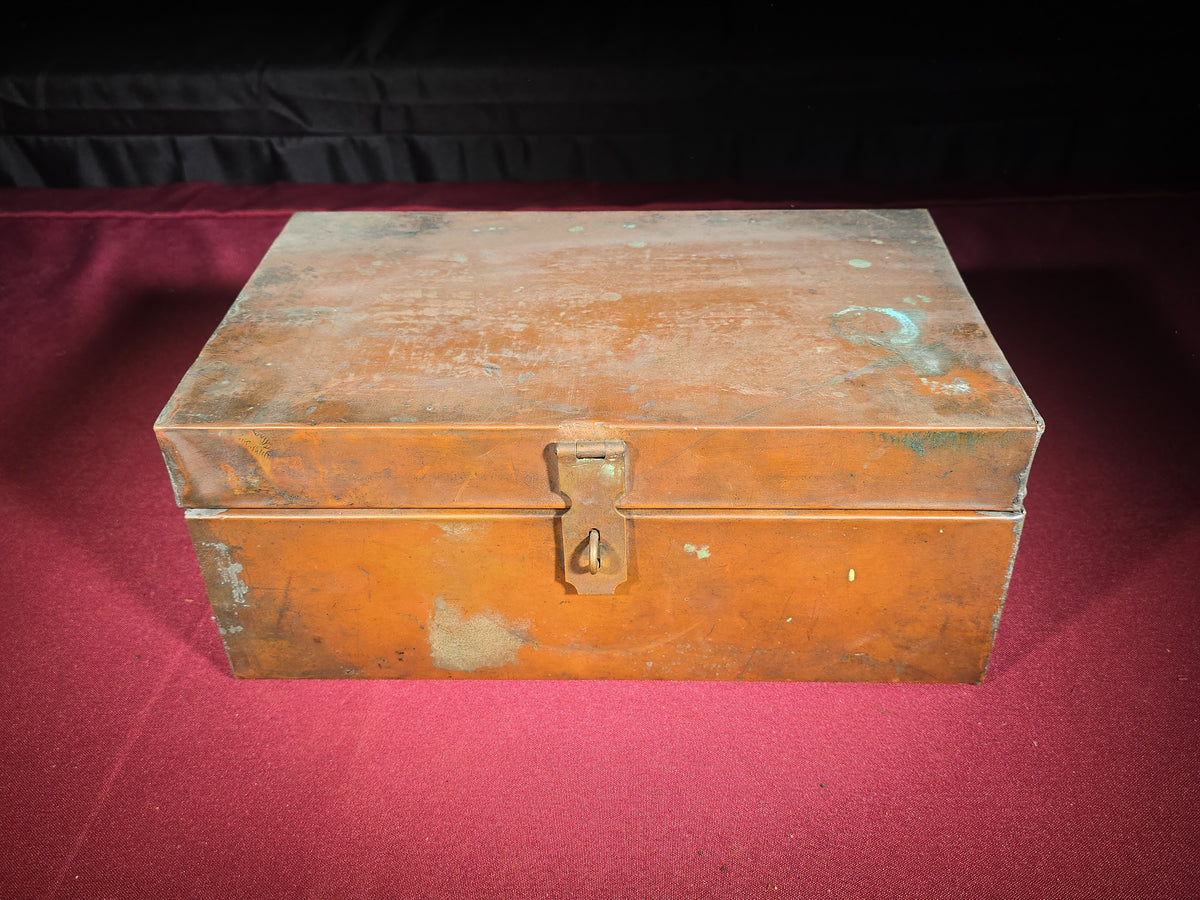 Antique Copper-Clad Wooden Strong Box with Hasp Closure