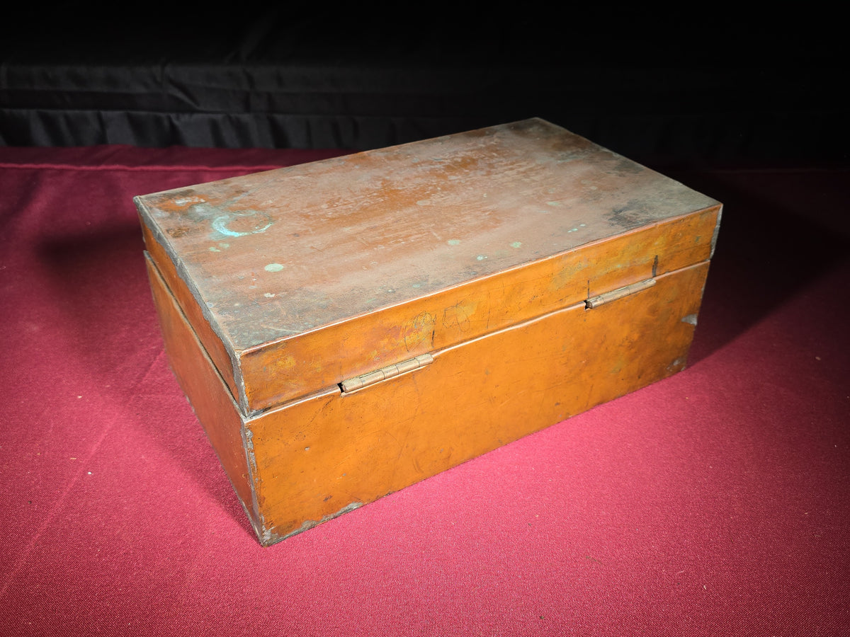 Antique Copper-Clad Wooden Strong Box with Hasp Closure