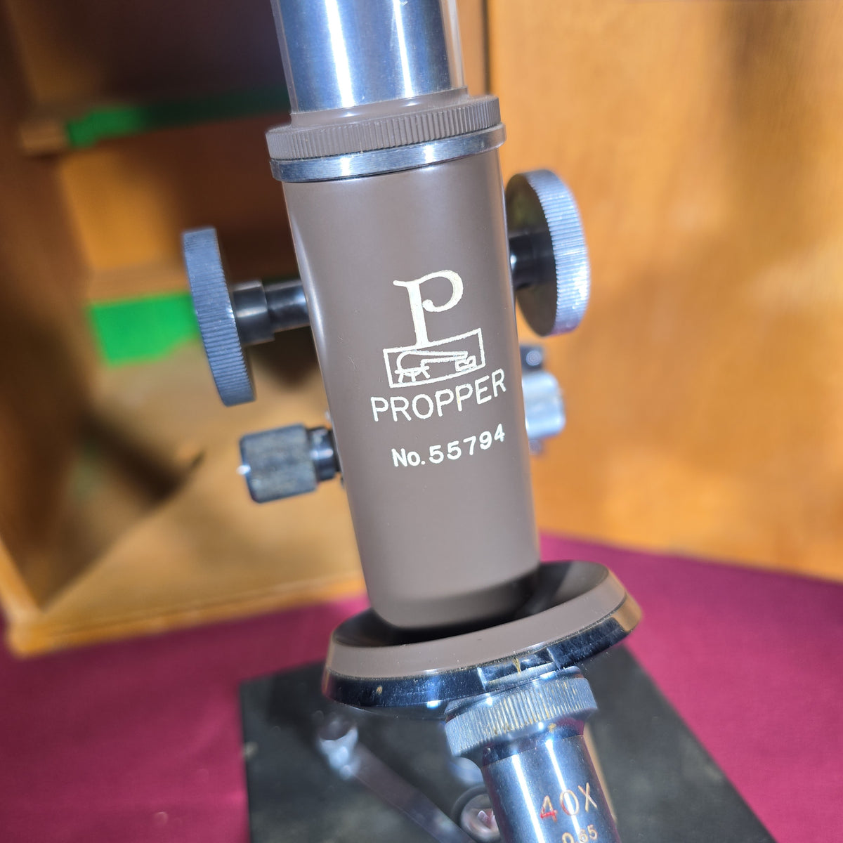 Vintage Propper Microscope Model J-4-L in Wooden Case, The Lumiscope Company, No. 72222