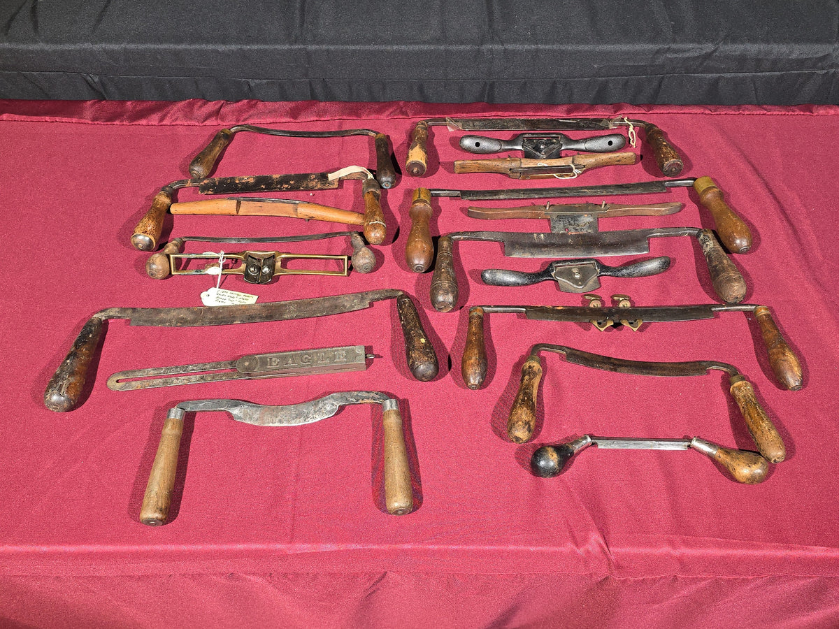 Grouping of 17 Antique Draw Knives and Spokeshaves including Eagle T-Bevel, Circa 1885 Patent Carriage Maker's Double-Blade Shave, and Others