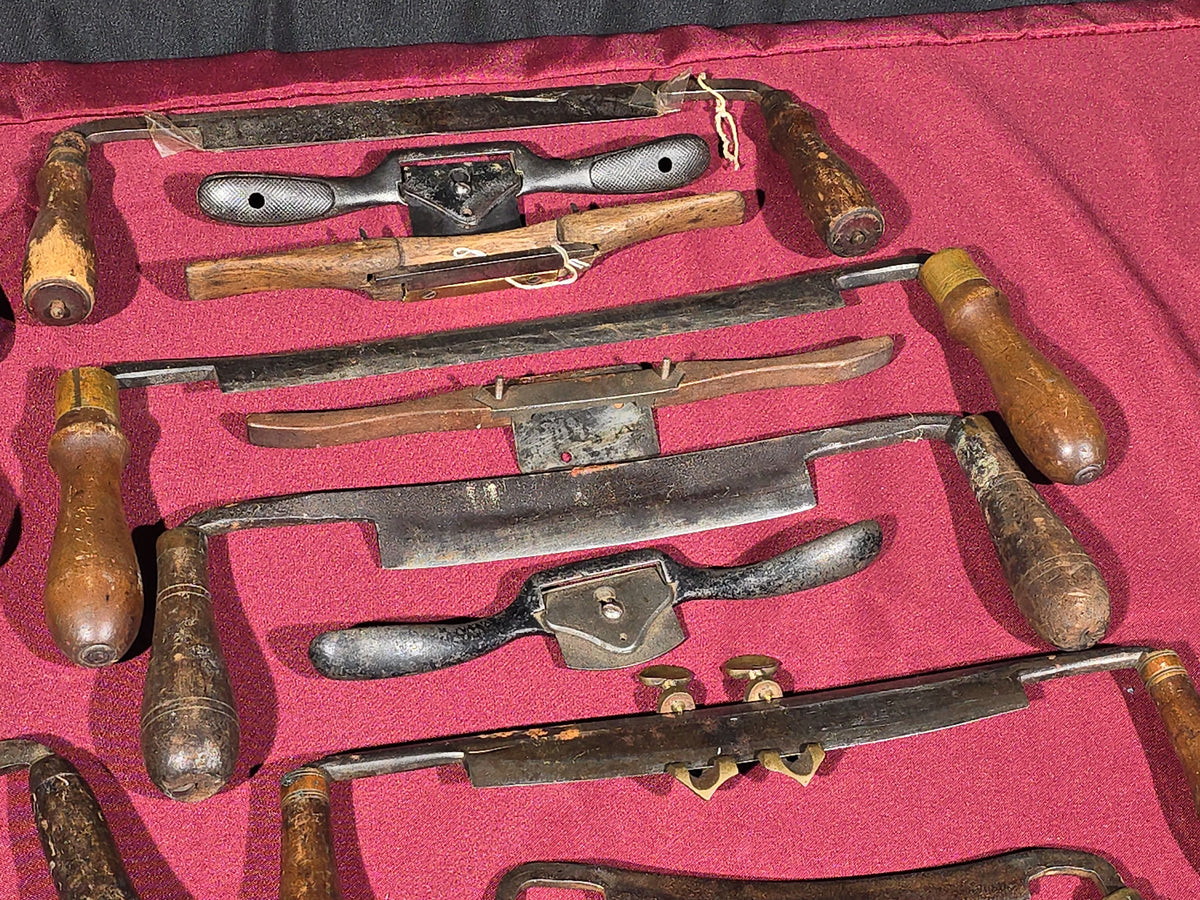 Grouping of 17 Antique Draw Knives and Spokeshaves including Eagle T-Bevel, Circa 1885 Patent Carriage Maker's Double-Blade Shave, and Others