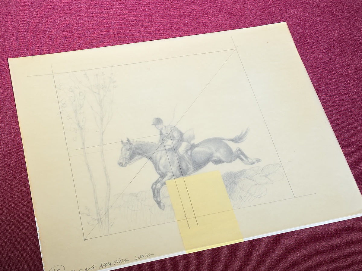 Grouping of Six Vintage Original Pen and Ink Drawings on Paper by C.W. Anderson, Equestrian Subjects with Verso Notations for Book Publication