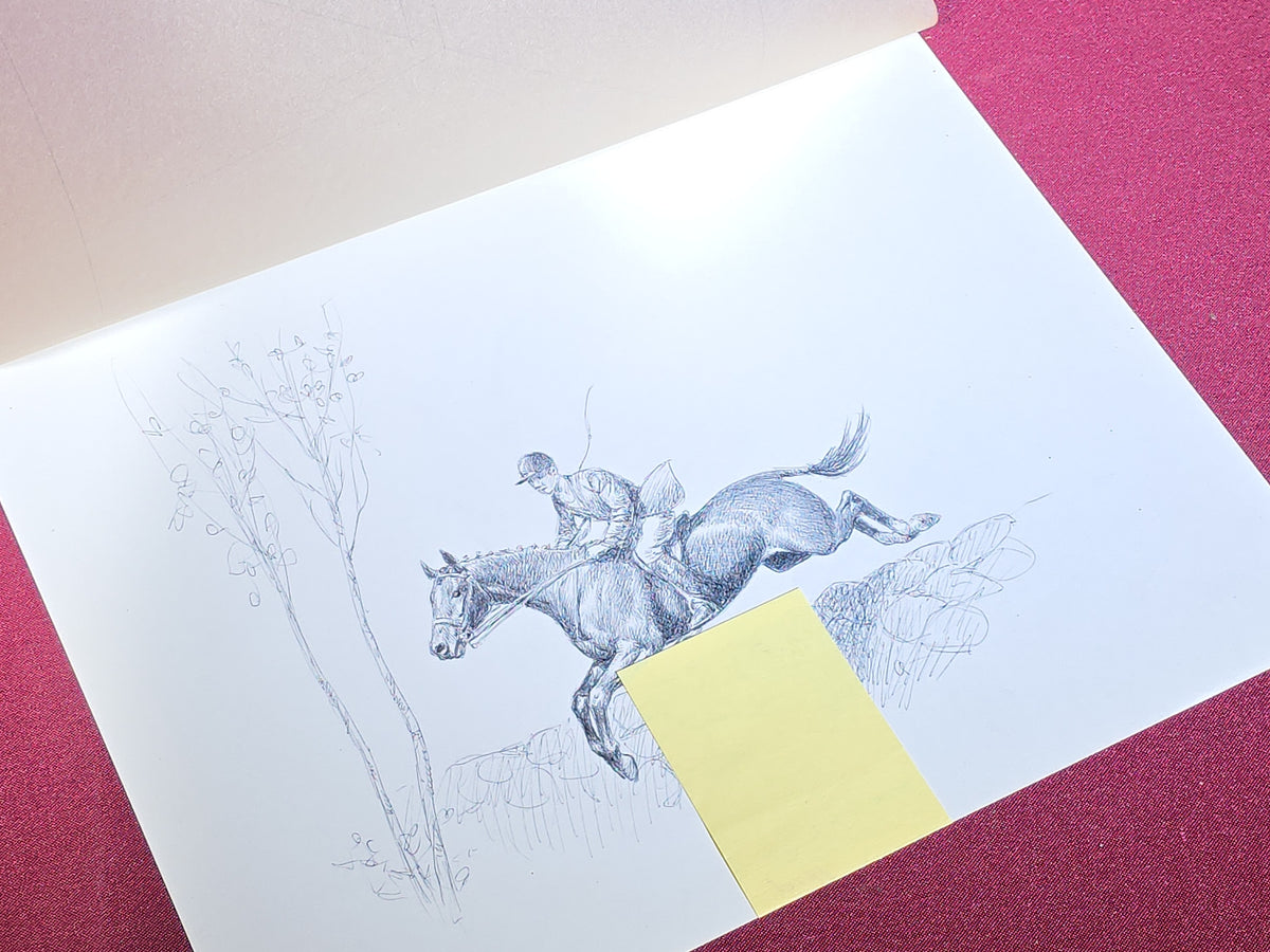 Grouping of Six Vintage Original Pen and Ink Drawings on Paper by C.W. Anderson, Equestrian Subjects with Verso Notations for Book Publication