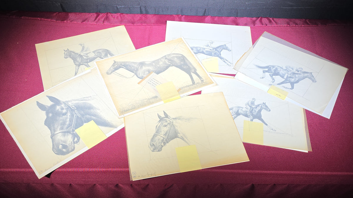 Grouping of Seven Vintage Original Drawings by C. W. Anderson, Equestrian Subjects including Brown Jack, Spotted Wonder, and Right Royal, with Manuscript Notes