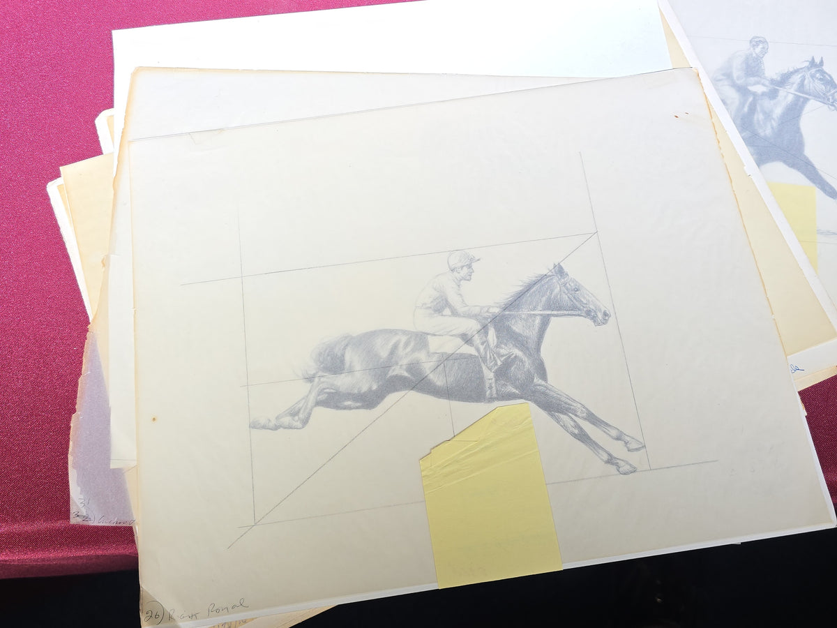 Grouping of Seven Vintage Original Drawings by C. W. Anderson, Equestrian Subjects including Brown Jack, Spotted Wonder, and Right Royal, with Manuscript Notes