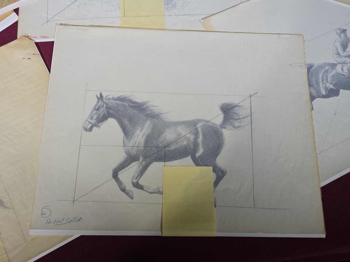 Grouping of Seven Vintage Original Pencil and Ink Drawings of Horses by C.W. Anderson, with Verso Publication Notes including Man O' War, John Peel, and The Lost Catch