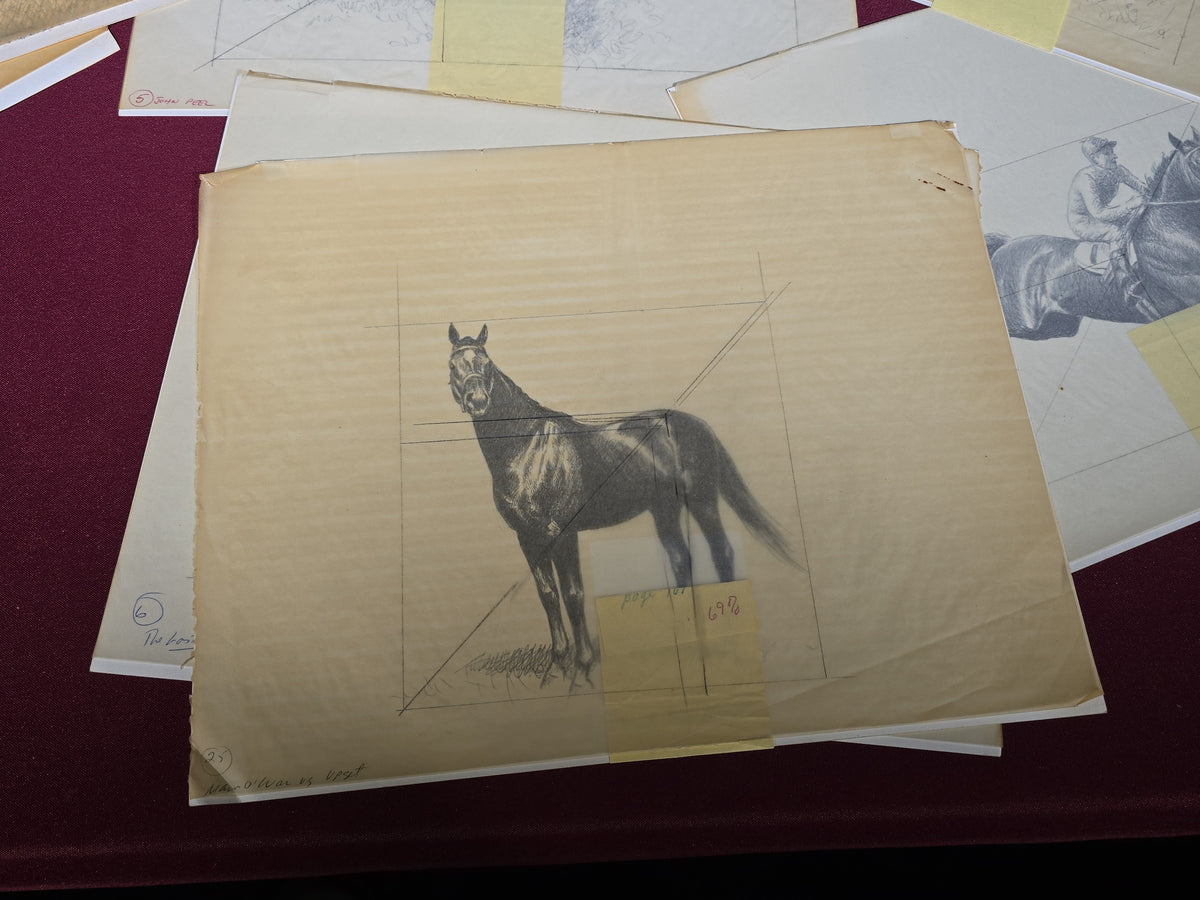 Grouping of Seven Vintage Original Pencil and Ink Drawings of Horses by C.W. Anderson, with Verso Publication Notes including Man O' War, John Peel, and The Lost Catch