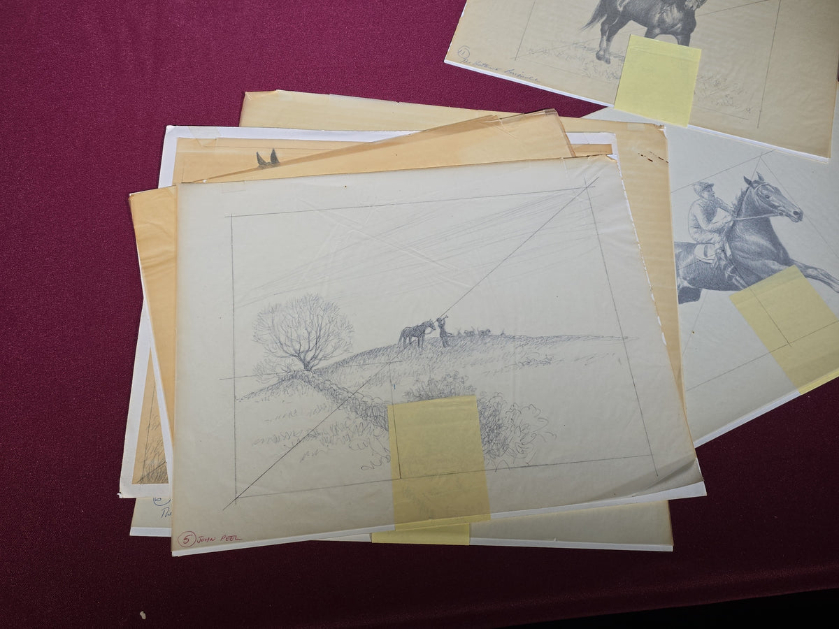 Grouping of Seven Vintage Original Pencil and Ink Drawings of Horses by C.W. Anderson, with Verso Publication Notes including Man O' War, John Peel, and The Lost Catch
