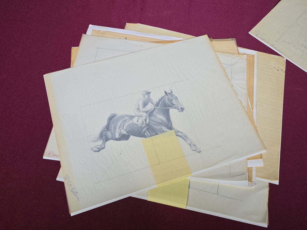 Grouping of Seven Vintage Original Pencil and Ink Drawings of Horses by C.W. Anderson, with Verso Publication Notes including Man O' War, John Peel, and The Lost Catch