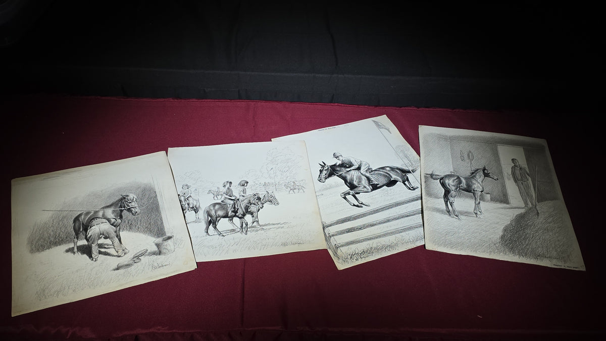 Grouping of Four Vintage Original Pencil Drawings by C.W. Anderson, Equestrian Book Illustrations with Publication Notes