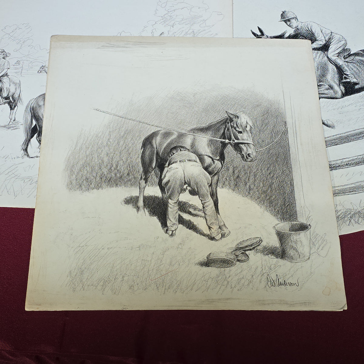 Grouping of Four Vintage Original Pencil Drawings by C.W. Anderson, Equestrian Book Illustrations with Publication Notes