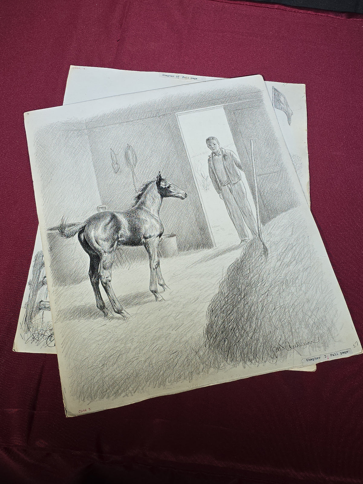 Grouping of Four Vintage Original Pencil Drawings by C.W. Anderson, Equestrian Book Illustrations with Publication Notes