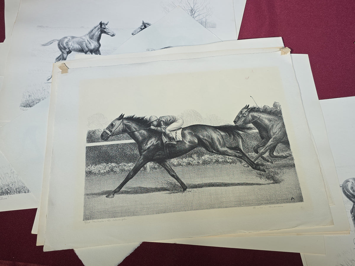Grouping of Vintage Unframed Equine Lithograph Prints by C.W. Anderson including One Unsigned Original Pencil Study Attributed to the Artist
