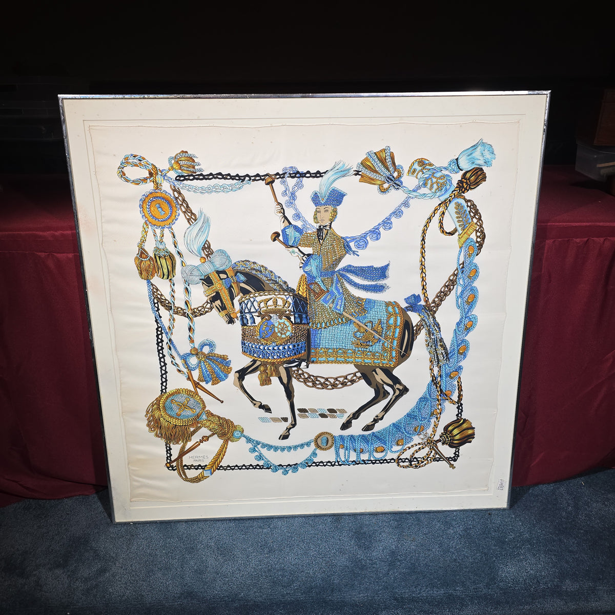 Vintage Framed Hermès Paris Silk Scarf, "Le Timbalier" Equestrian Design, Framed by The Ainsworth Gallery, Boston, Massachusetts